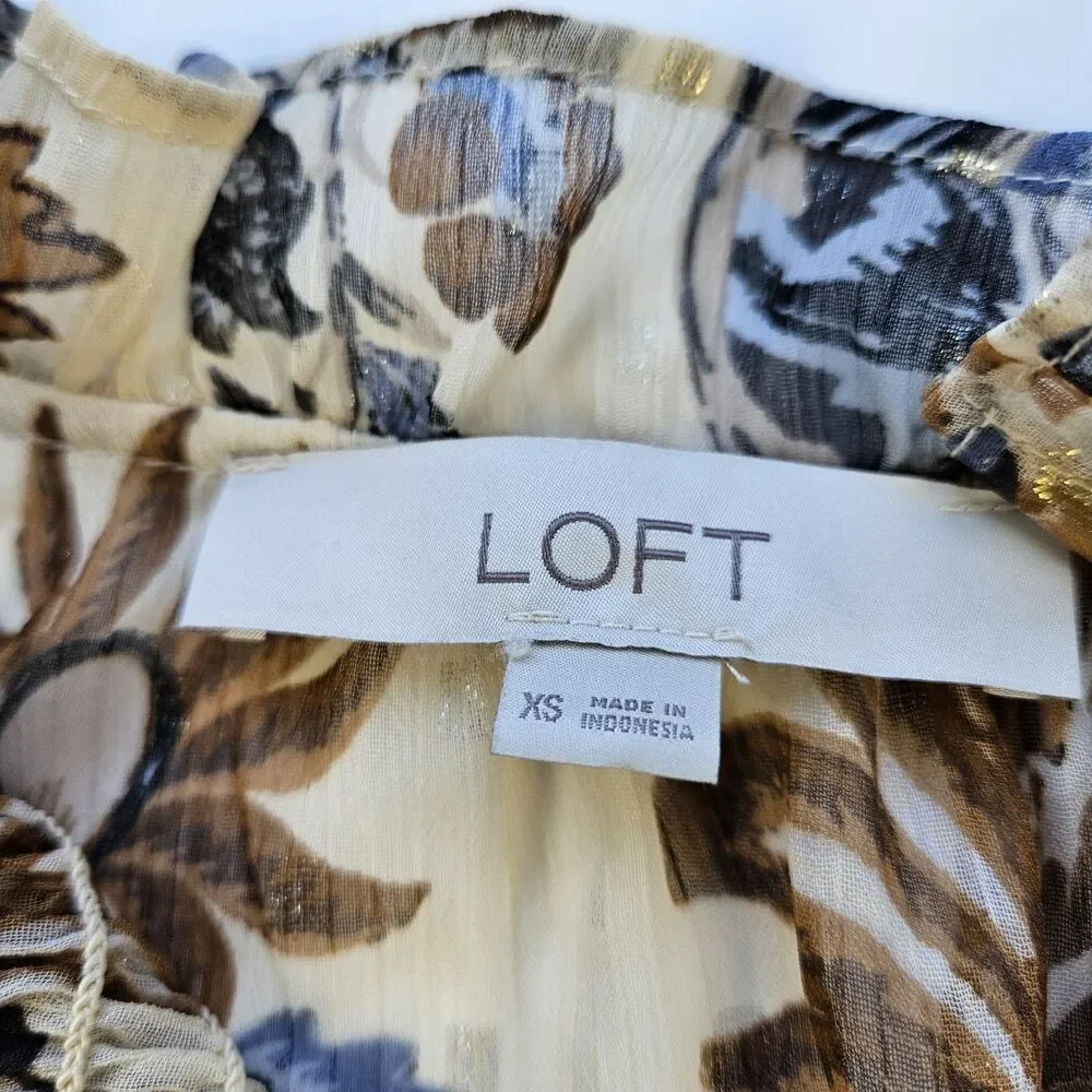 LOFT Size XS Womens Beige Floral Mock Neck Tie Long Puff Sleeve Blouse